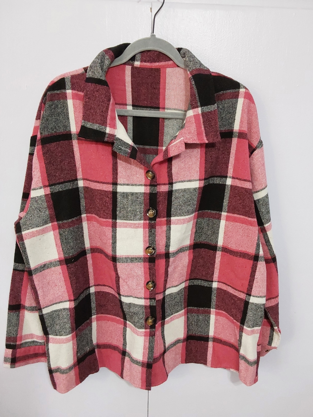 Pink Black White Plaid Button-Up Shacket